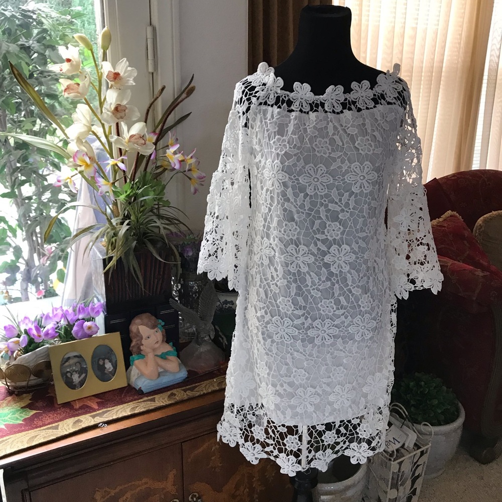 Lace white dress slim fit, white lining.